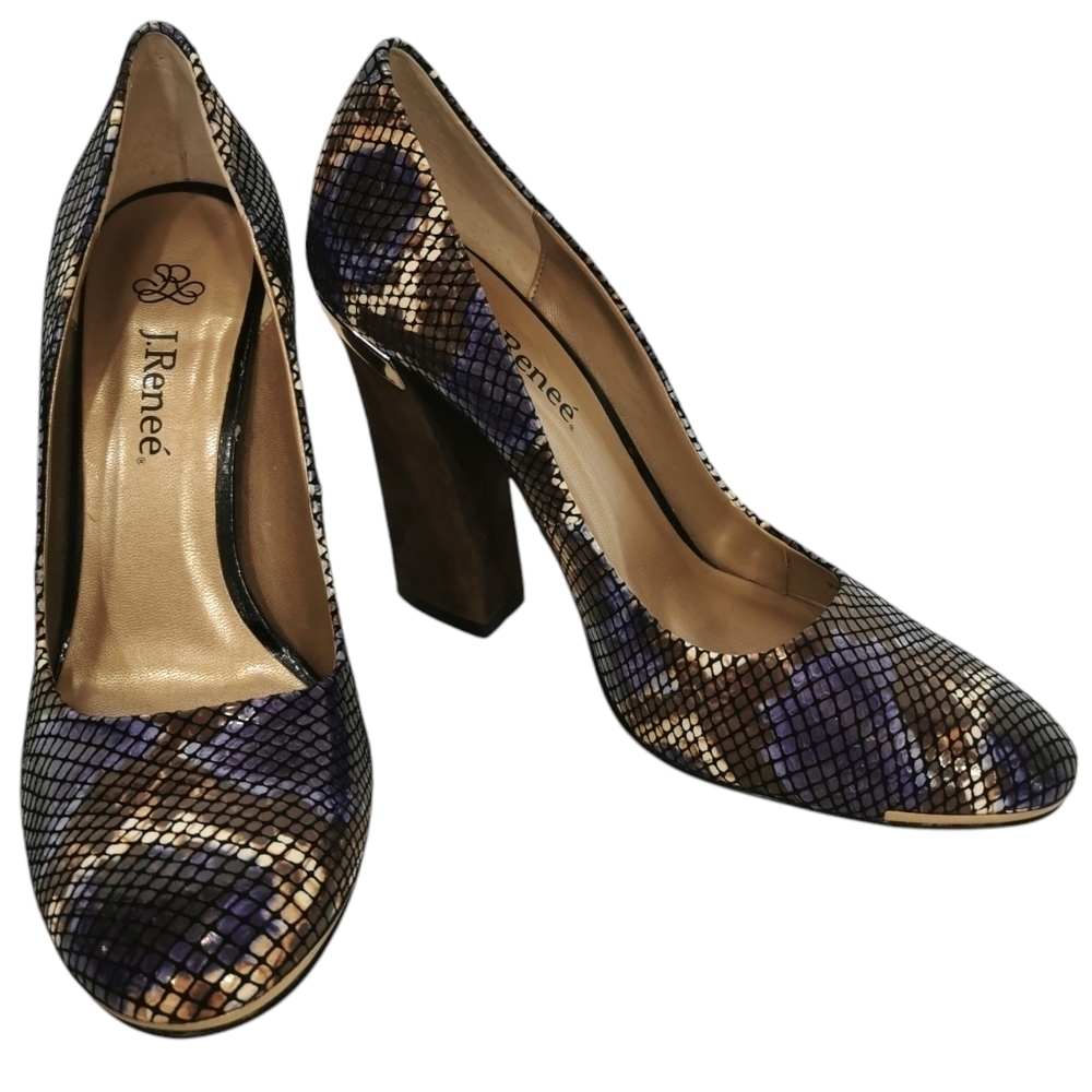 J. Renee Snake Print Round Toe Chunky Heels Purple, Brown & Gold - Sz 8.5